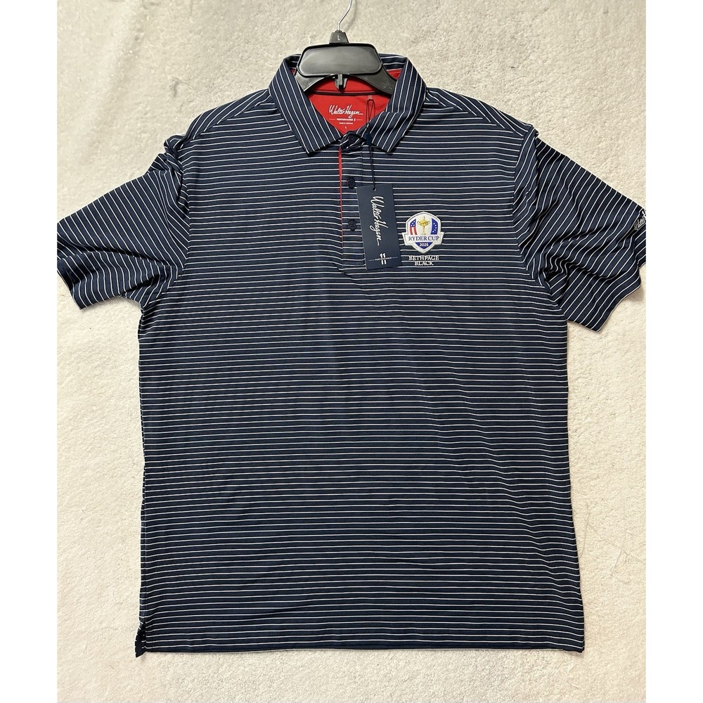 Walter Hagen P11 Ryder Cup Striped Navy/White Men's Large Polo Shirt (B6)